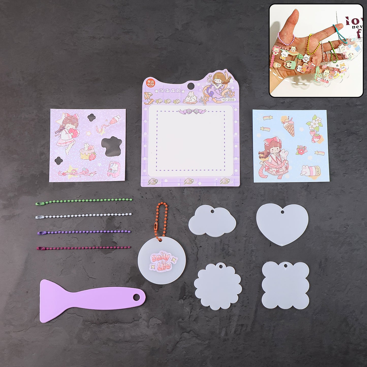Wukusy DIY Shrink Art Keychain Making Kit for Kids, including colorful shrink plastic sheets and keychain accessories.