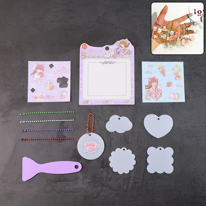 Wukusy DIY Shrink Art Keychain Making Kit for Kids, including colorful shrink plastic sheets and keychain accessories.