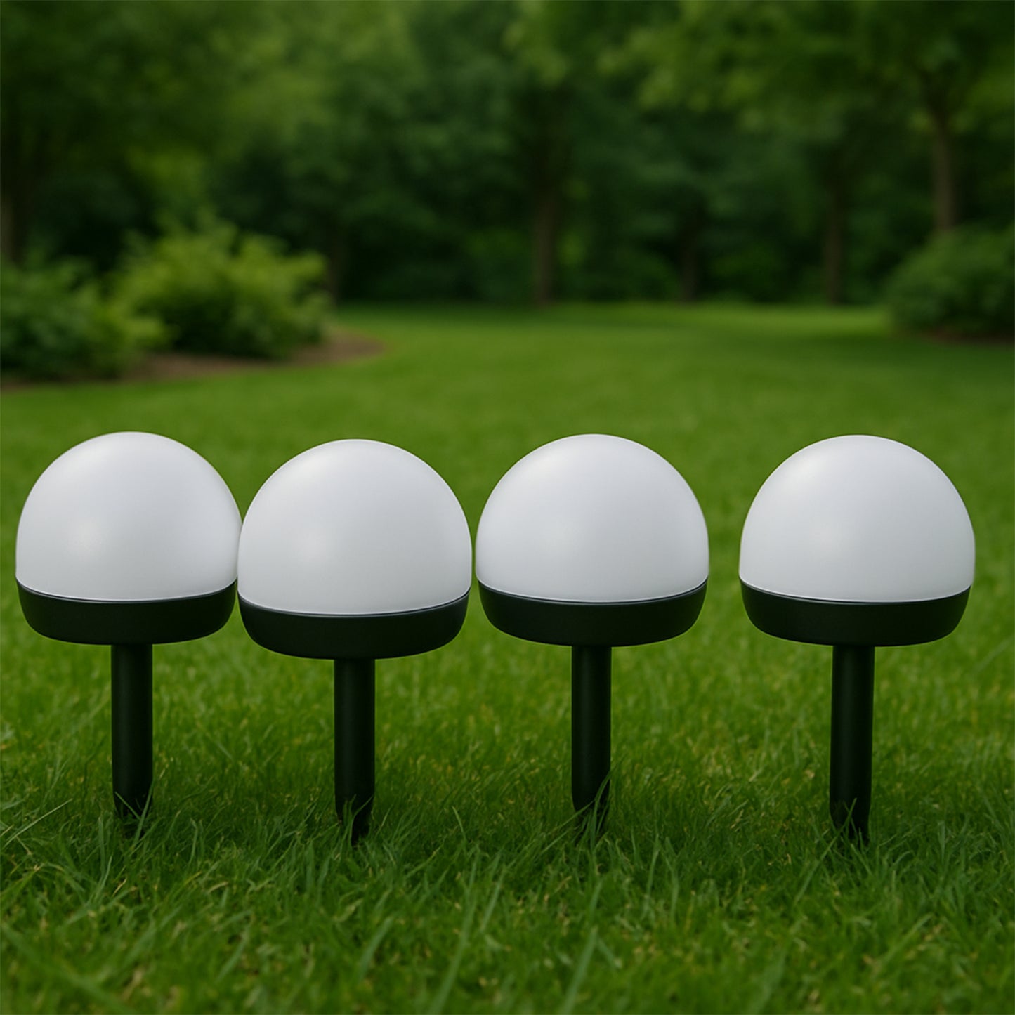 Set of four Wukusy dome solar garden lights for outdoor illumination, featuring sleek design and automatic solar-powered operation.