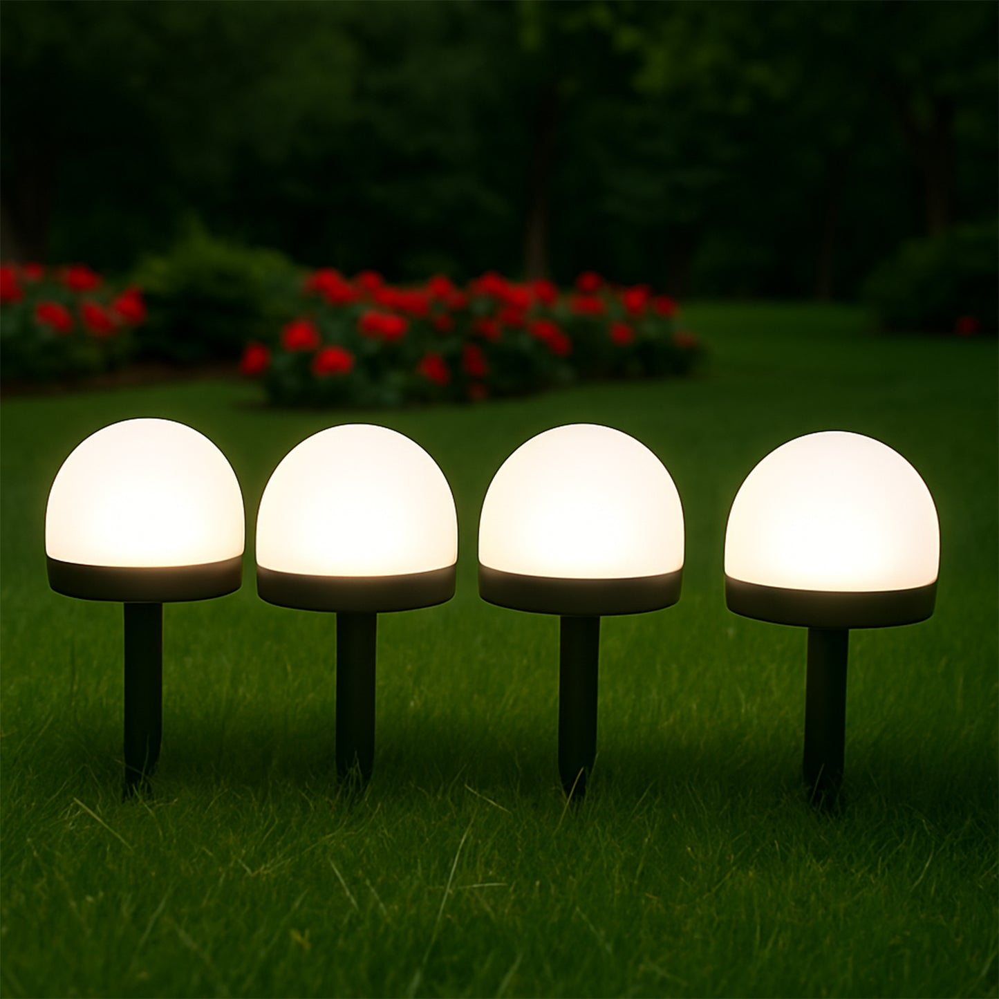 Set of four Wukusy dome solar garden lights illuminating outdoor space with warm glow, ideal for home improvement and garden décor.