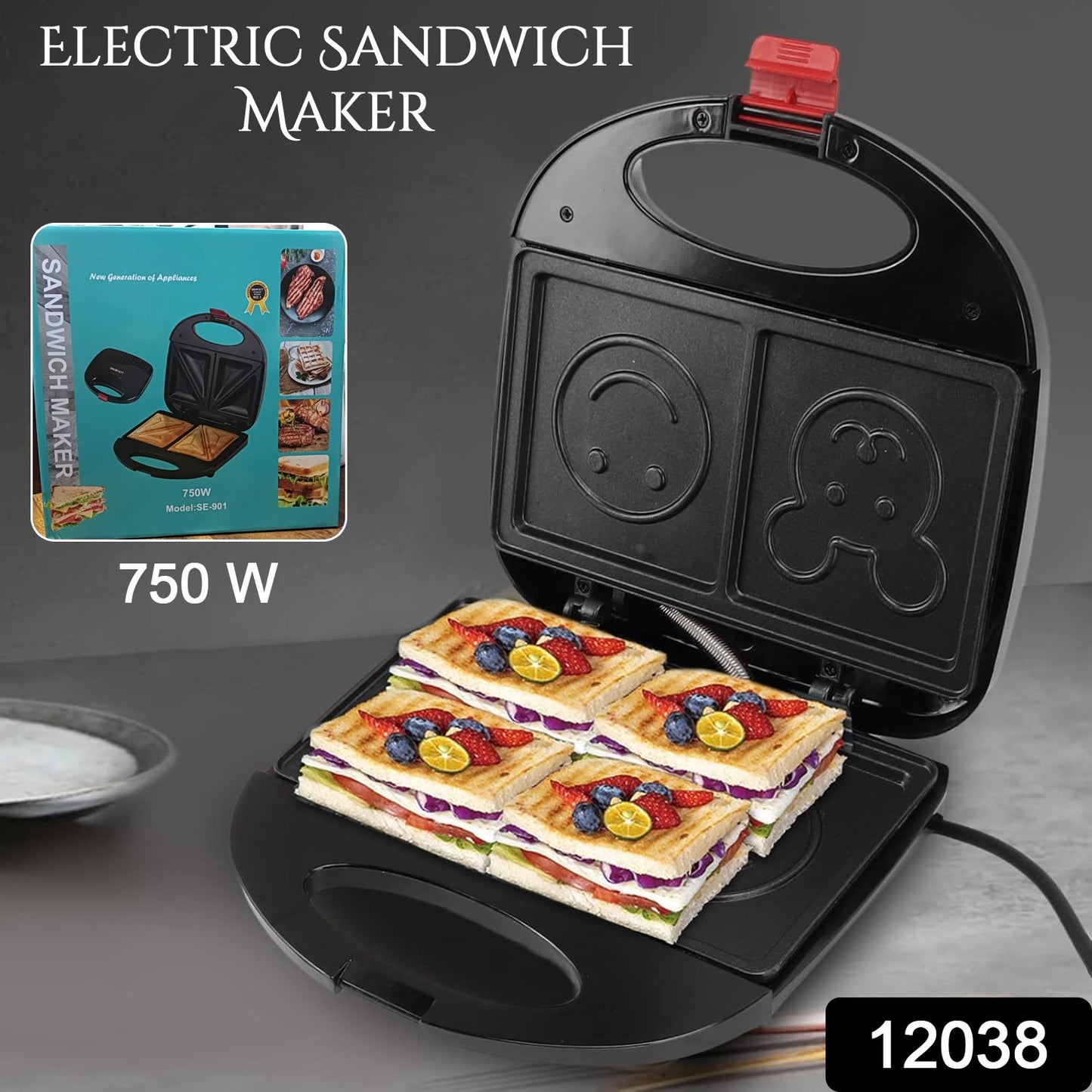 Wukusy double-sided electric sandwich maker with 750W heating, compact home appliance for quick, even sandwich grilling.