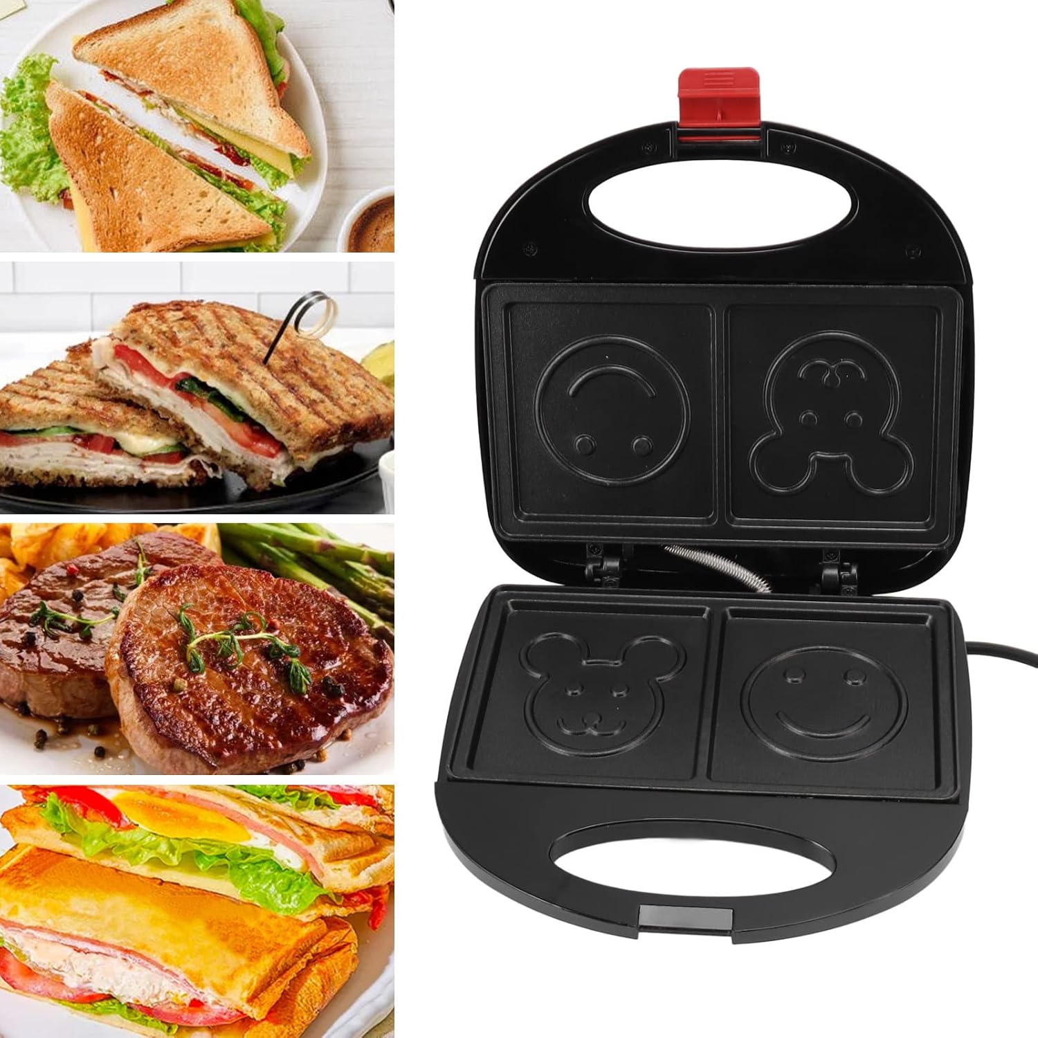 Wukusy double-sided electric sandwich maker with 750W heating, black and silver design for home kitchen use.