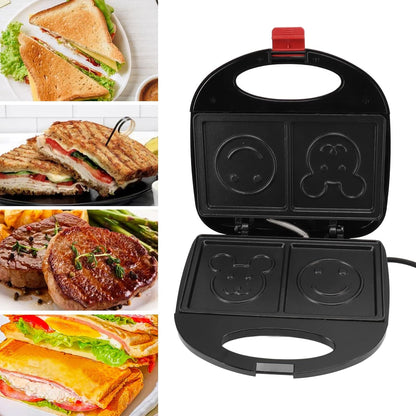 Wukusy double-sided electric sandwich maker with 750W heating, black and silver design for home kitchen use.