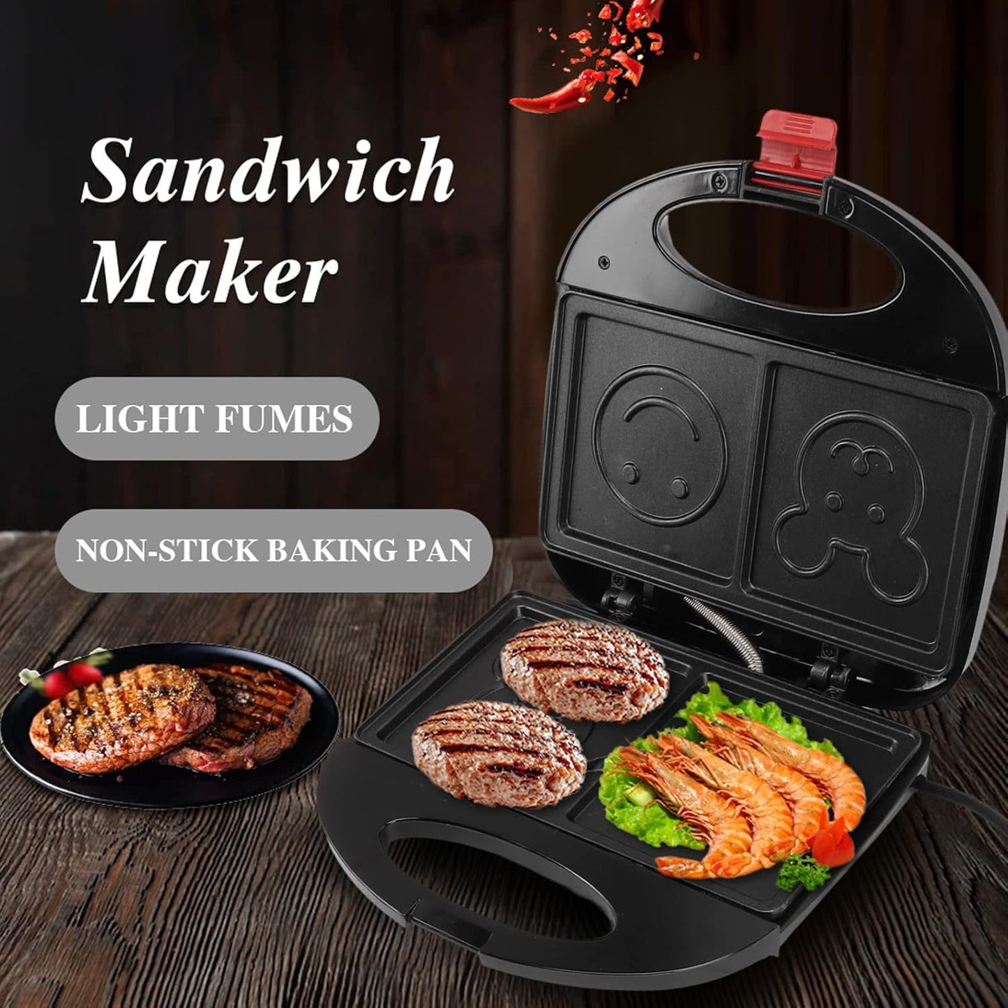 Wukusy double-sided electric sandwich maker with 750W heating, compact home appliance for quick, even sandwich grilling.