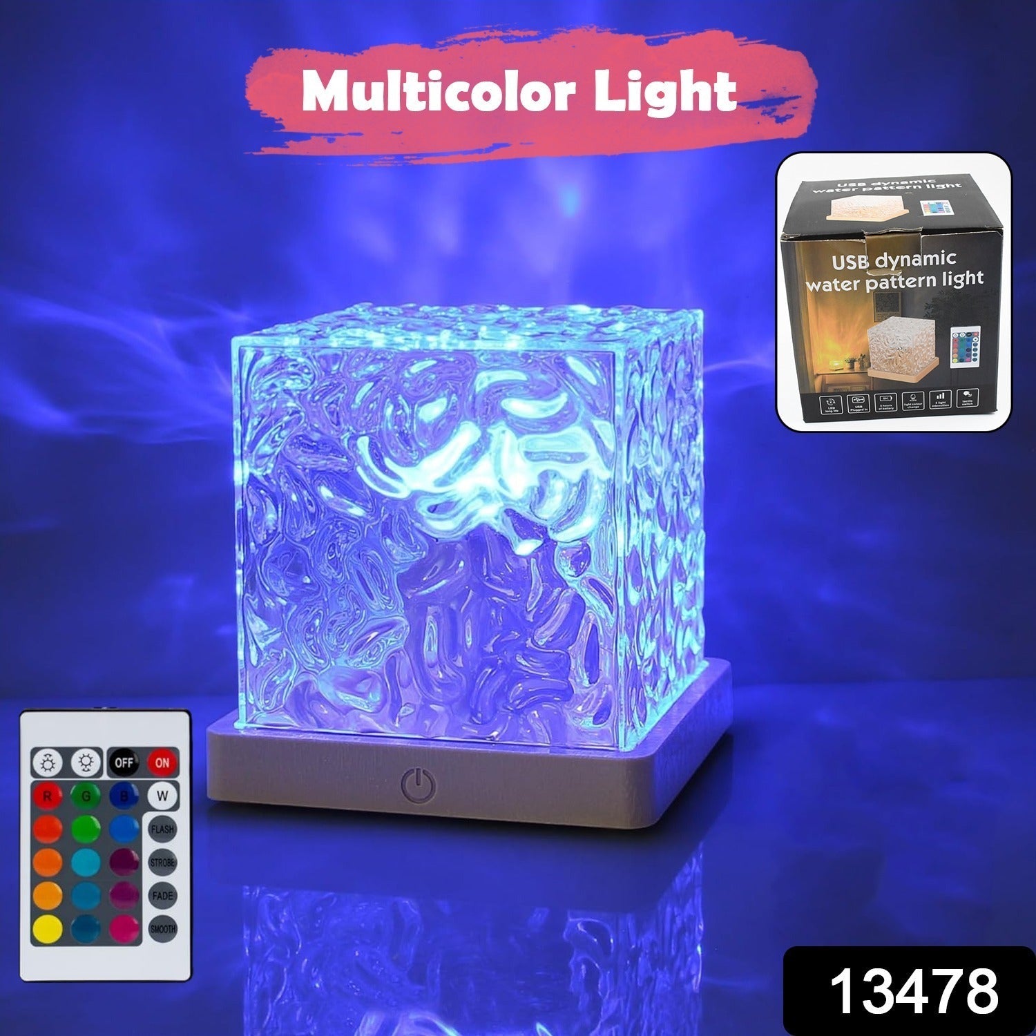 Wukusy rotating water ripple night lamp with remote control, creates calming light effects for home decor and relaxation.
