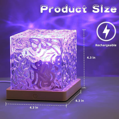 Wukusy rotating water ripple night lamp with remote control, illuminating a room with calming water wave effects.