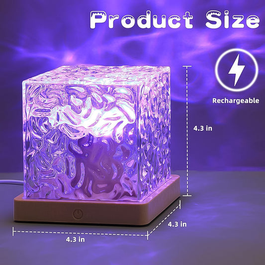 Wukusy rotating water ripple night lamp with remote control, illuminating a room with calming water wave effects.