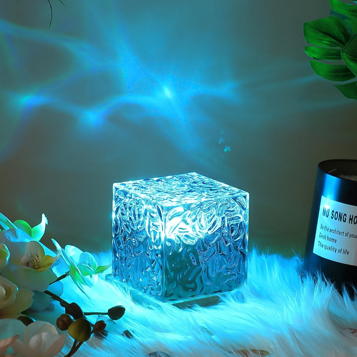 Wukusy water ripple night lamp with dynamic rotating water effect, remote control, ideal for home decor and mood lighting.