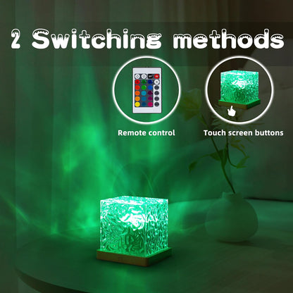 Wukusy dynamic rotating water ripple night lamp with remote control, illuminating a cozy home environment with soothing water effects.