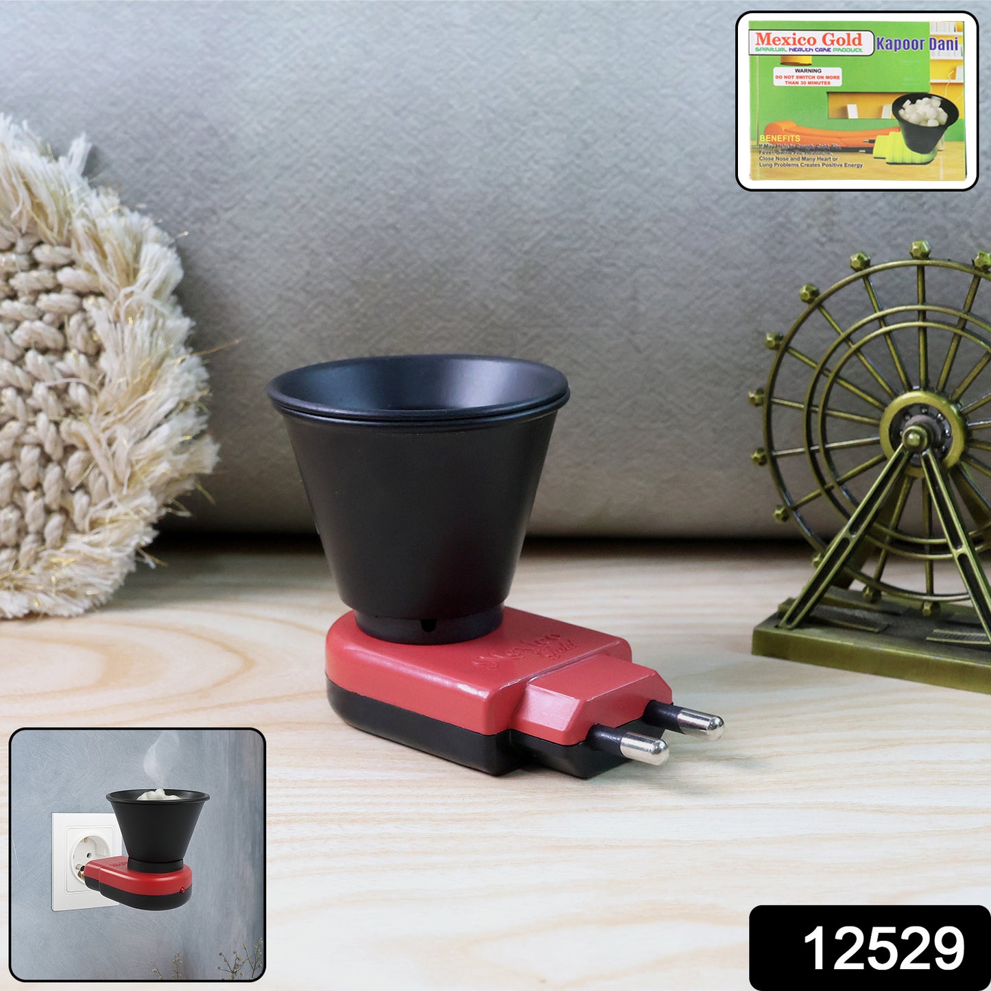 Wukusy electric Kapoor Dani camphor diffuser for home improvement, showing the sleek black device on a wooden surface.