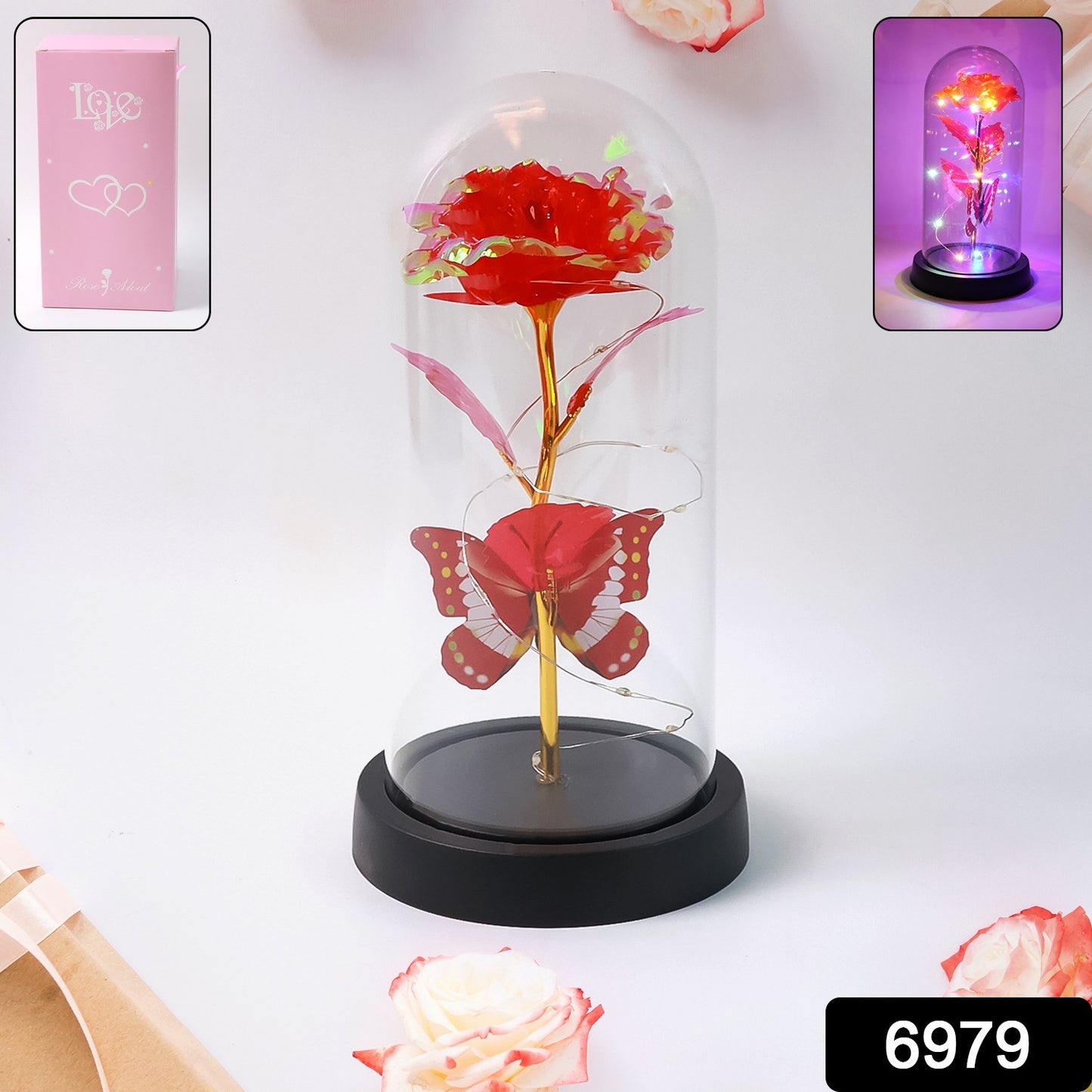 Elegant LED eternal rose in plastic dome by Wukusy, illuminated decorative flower for home decor, battery not included.