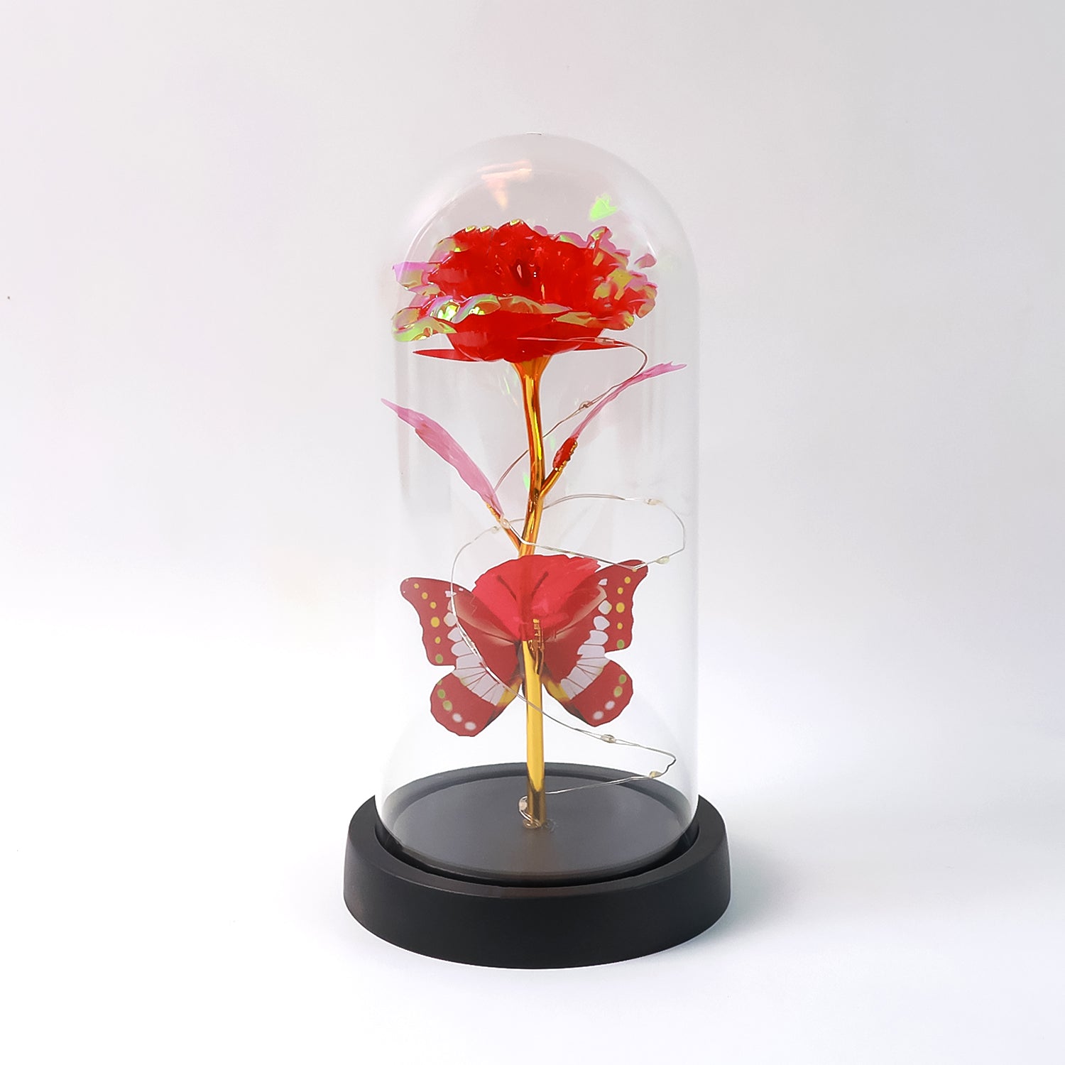 Elegant LED eternal rose in clear plastic dome by Wukusy, battery not included, perfect for home decor.