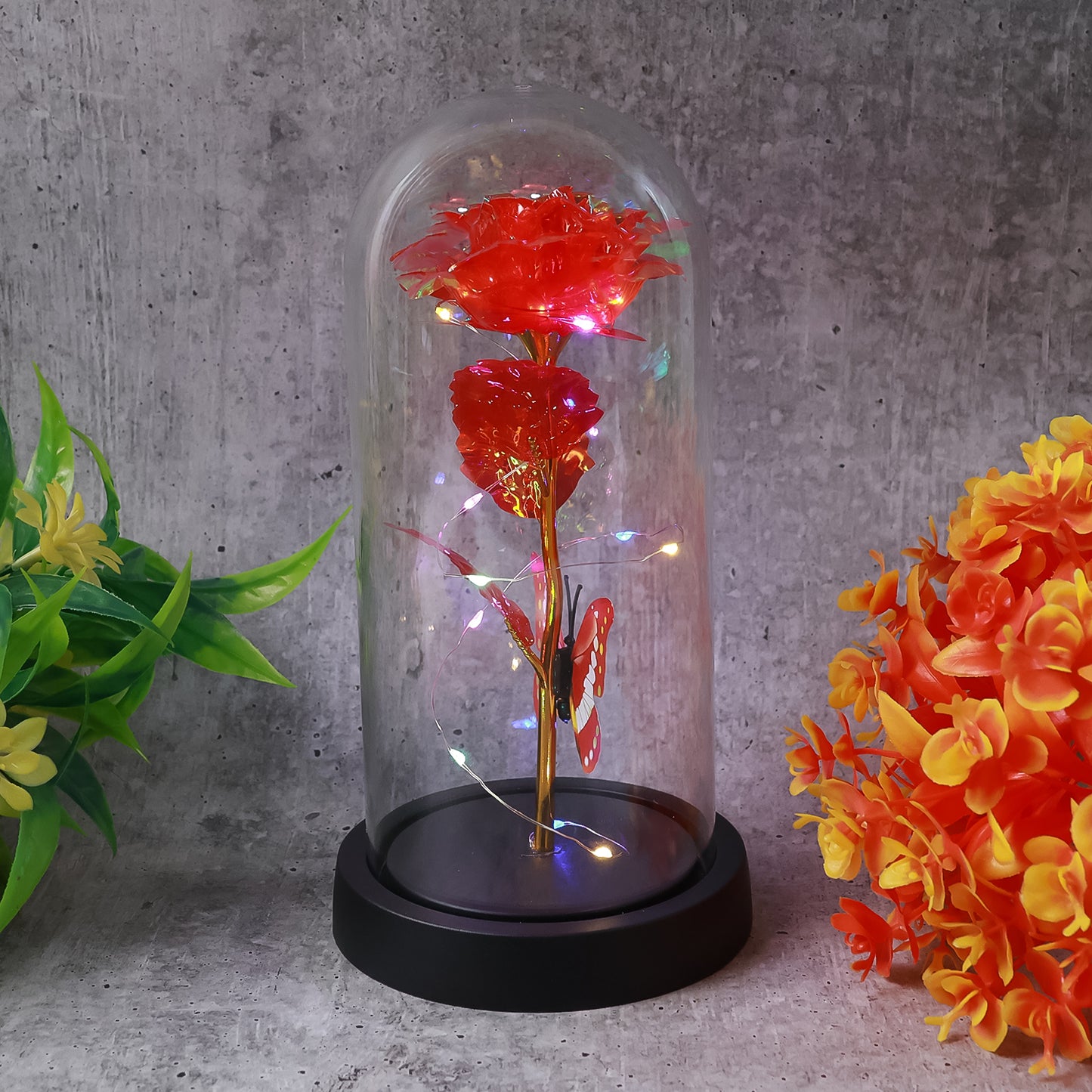 Elegant LED eternal rose in a plastic dome, Wukusy home improvement decor, battery not included, perfect for elegant home accents.
