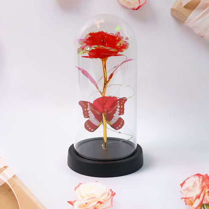 Elegant LED eternal rose in plastic dome by Wukusy, decorative home improvement floral display, battery not included.