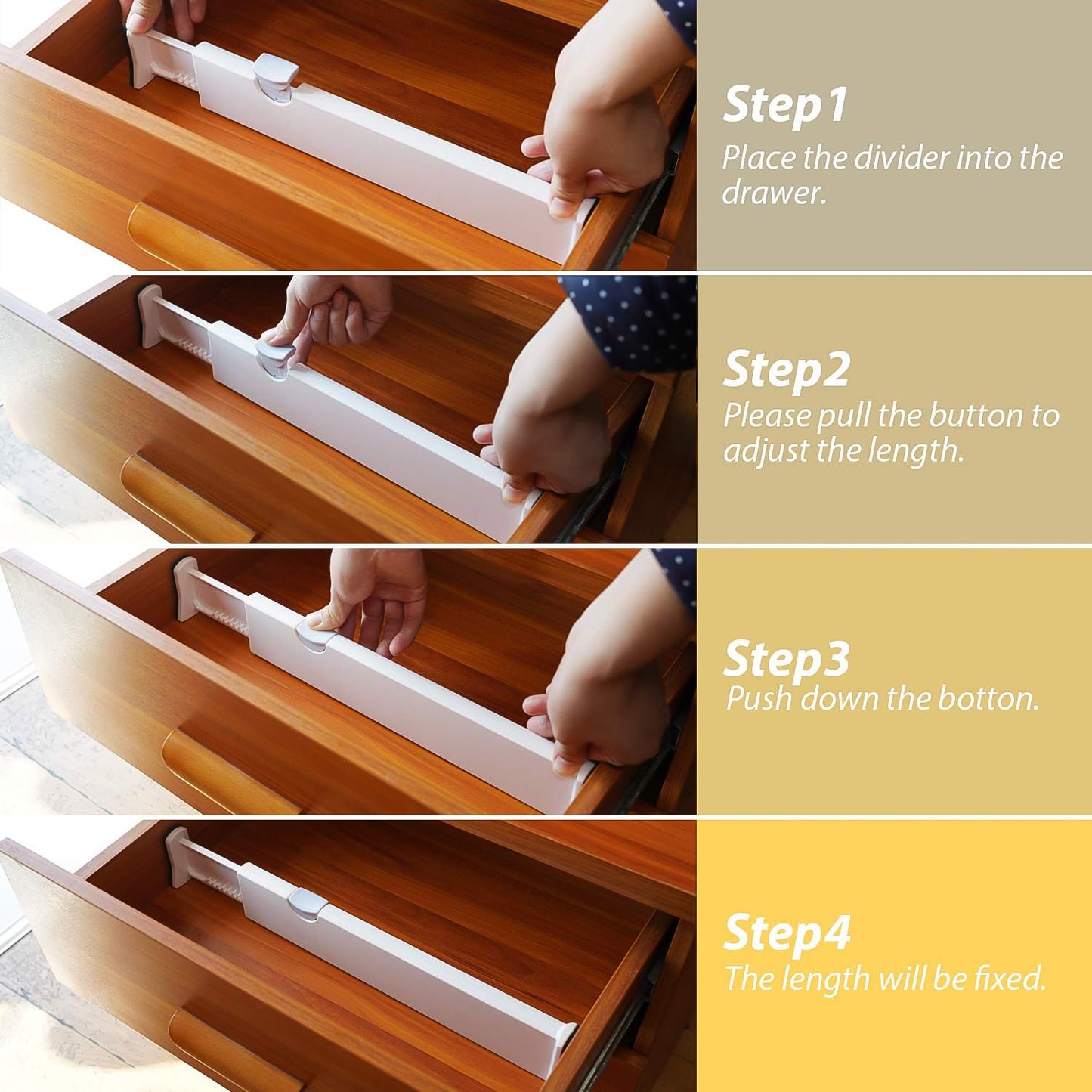 Wukusy expandable drawer dividers for home and office organization, shown installed in a drawer for clutter separation