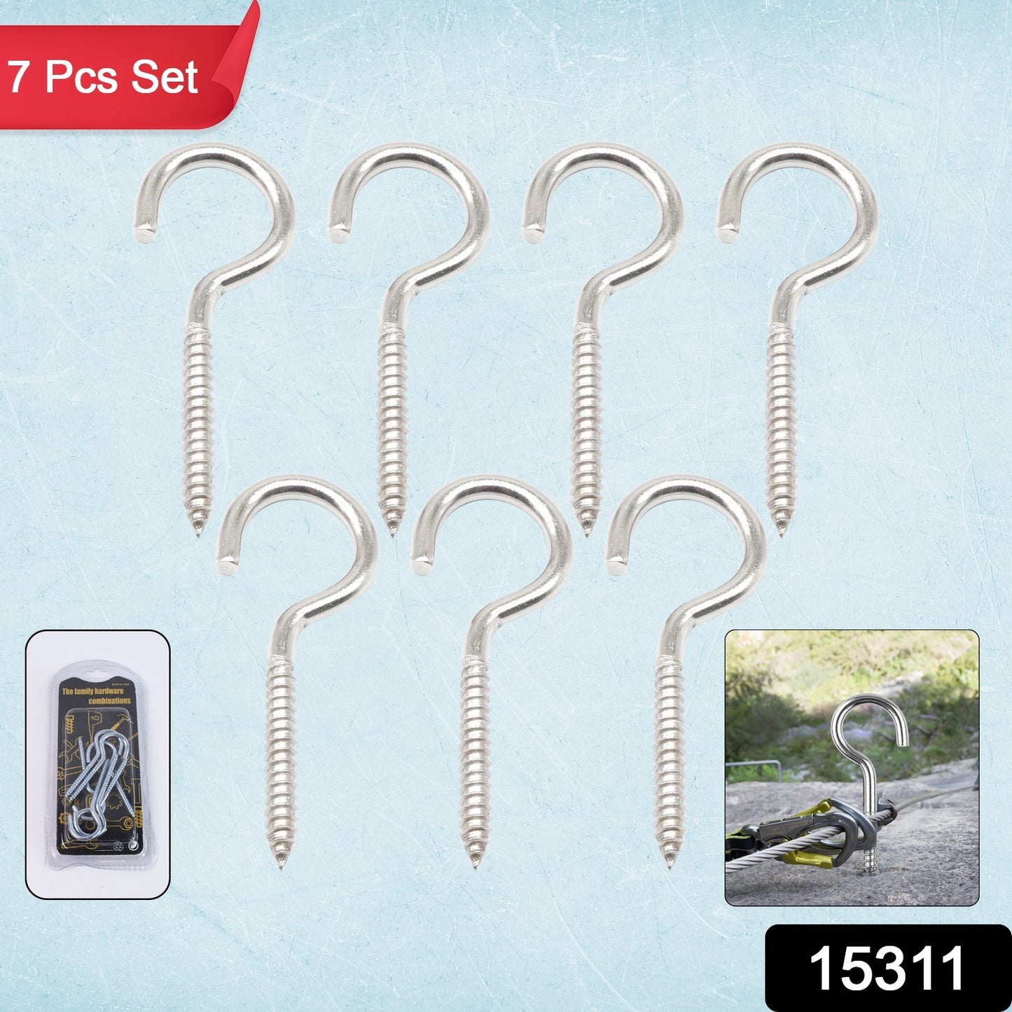Set of 7 heavy-duty stainless steel eye hooks and eye bolts for home improvement projects by Wukusy.