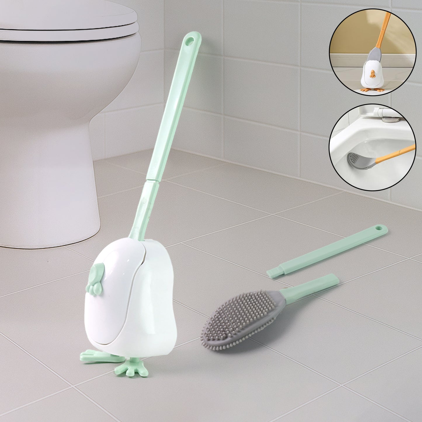 Flexible silicone toilet cleaning brush set by Wukusy with ergonomic handles for effective bathroom cleaning.