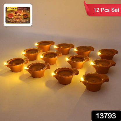 Set of 12 Wukusy Flower Water Sensor Diyas for Diwali decoration, traditional home improvement lighting for festive celebrations.