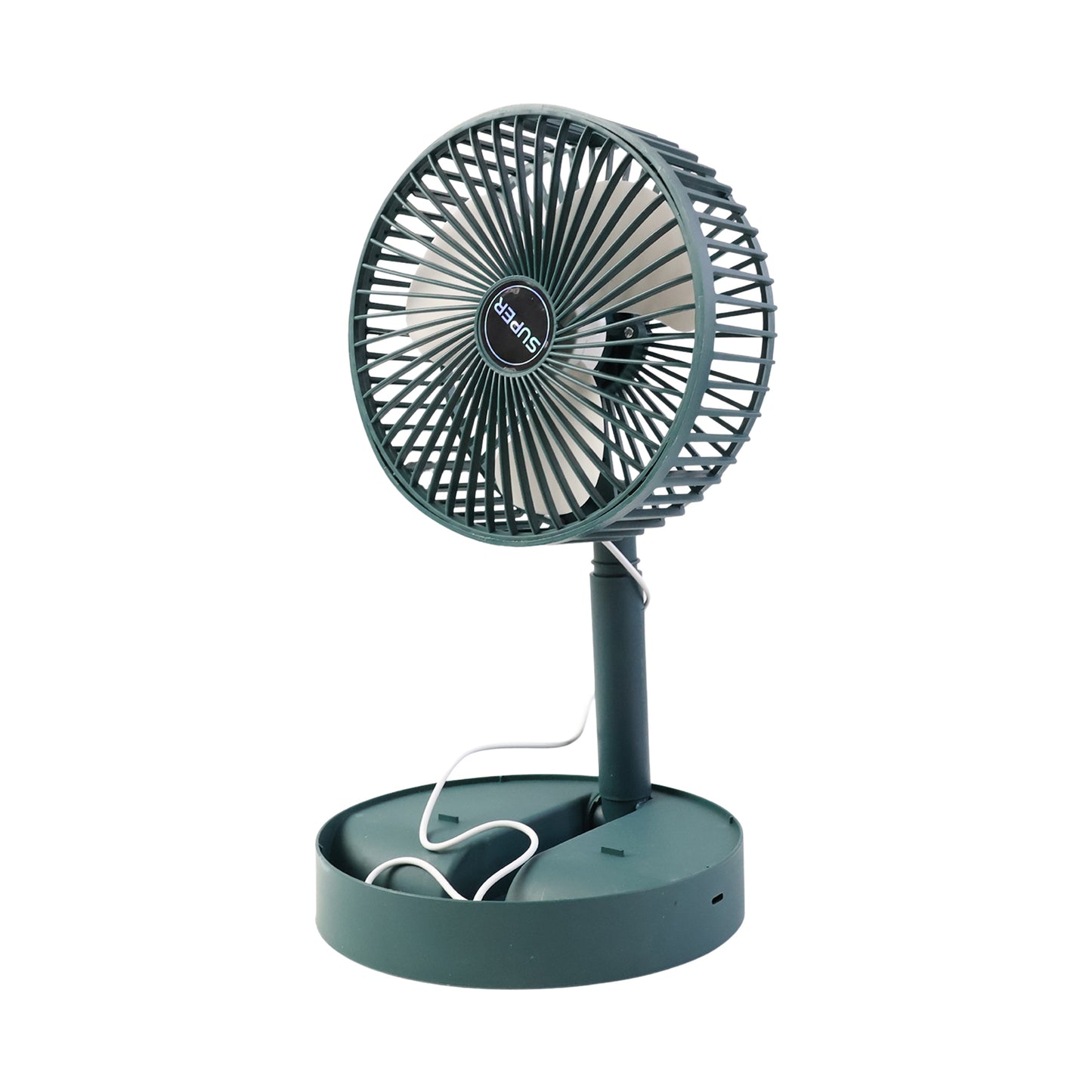 Wukusy foldable mini desk fan with adjustable height and tilt, compact home improvement cooling device on a desk.