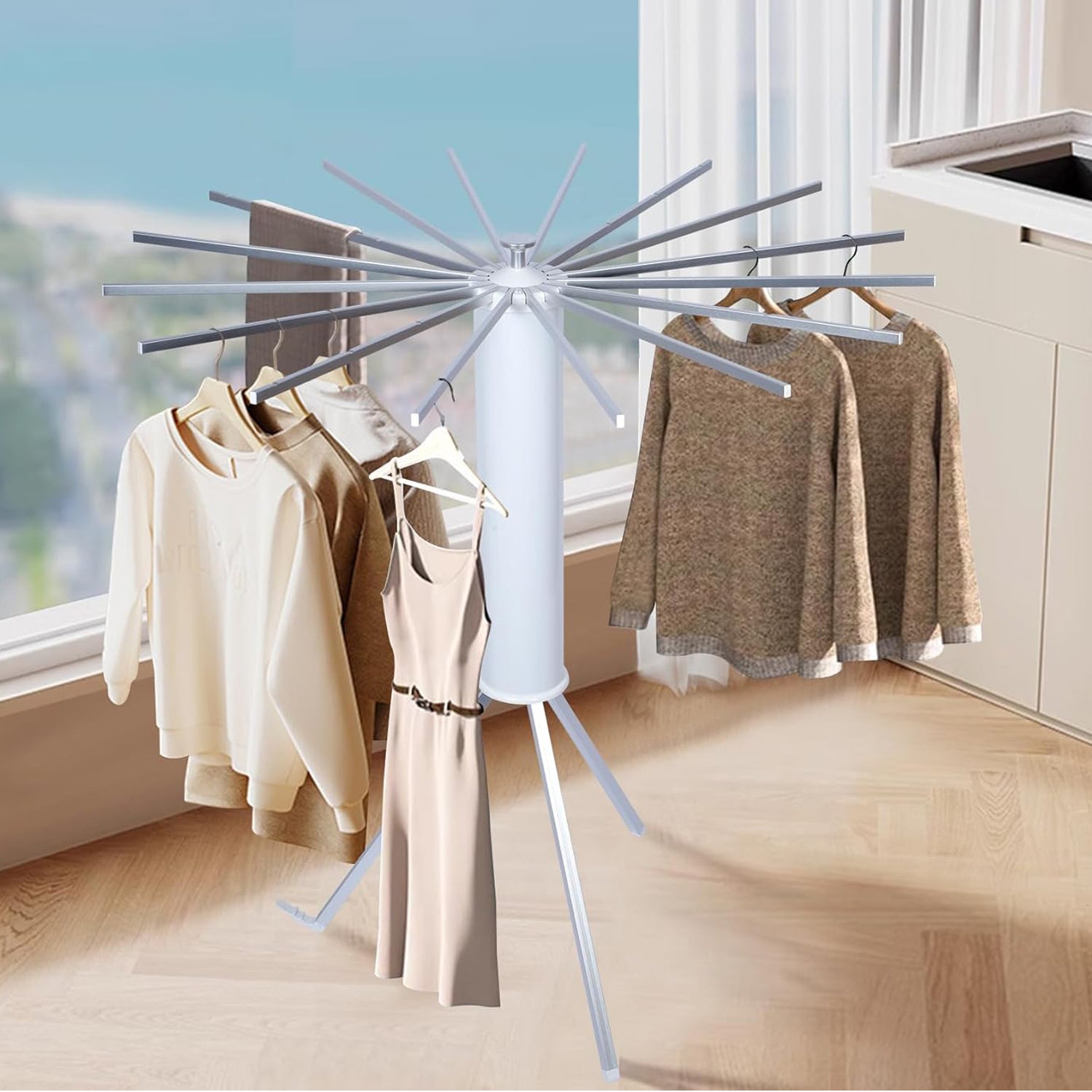 Wukusy foldable rotary clothes drying rack stand for home use, with multiple drying arms and a sturdy frame.