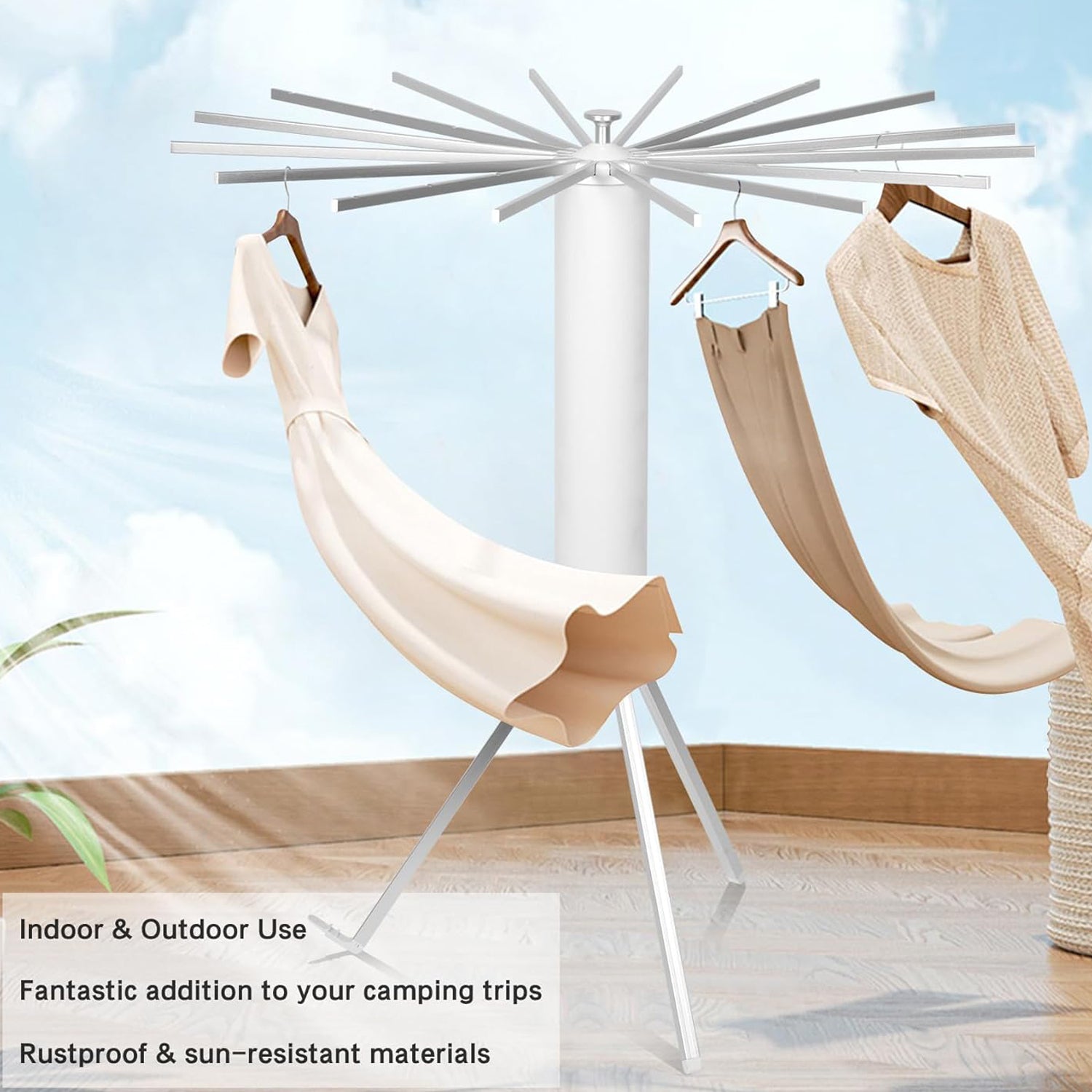 Wukusy foldable rotary clothes drying rack stand for indoor and outdoor use, with multiple hanging bars for clothes drying.