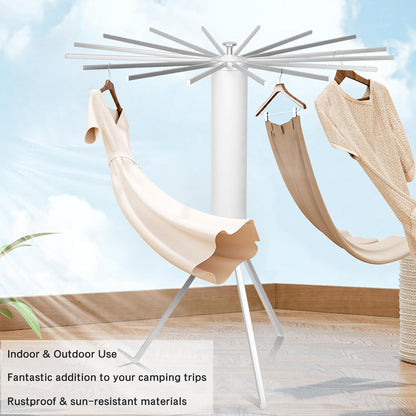 Wukusy foldable rotary clothes drying rack stand for indoor and outdoor use, with multiple hanging bars for clothes drying.