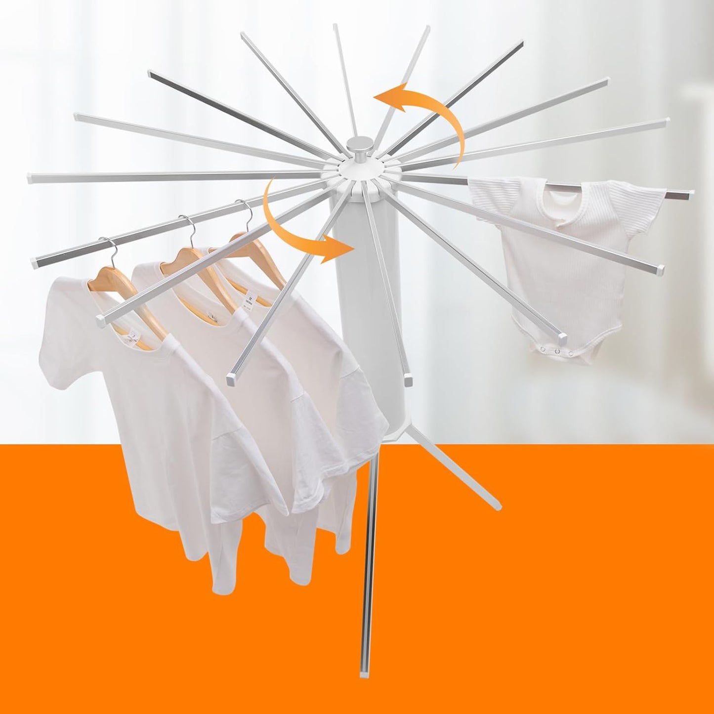 Wukusy foldable rotary clothes drying rack stand for home, with multiple drying bars and a compact, foldable design for easy storage.
