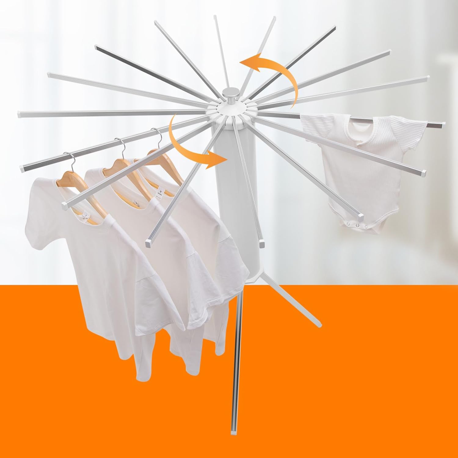 Wukusy foldable rotary clothes drying rack stand for home, with multiple drying bars and a compact, foldable design for easy storage.