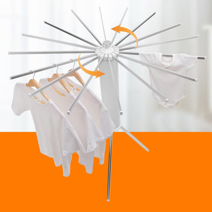 Wukusy foldable rotary clothes drying rack stand for home, with multiple drying bars and a compact, foldable design for easy storage.