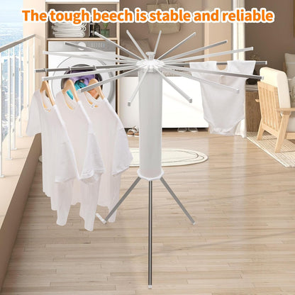 Wukusy foldable rotary clothes drying rack stand for indoor or outdoor use, with multiple drying bars and adjustable height.