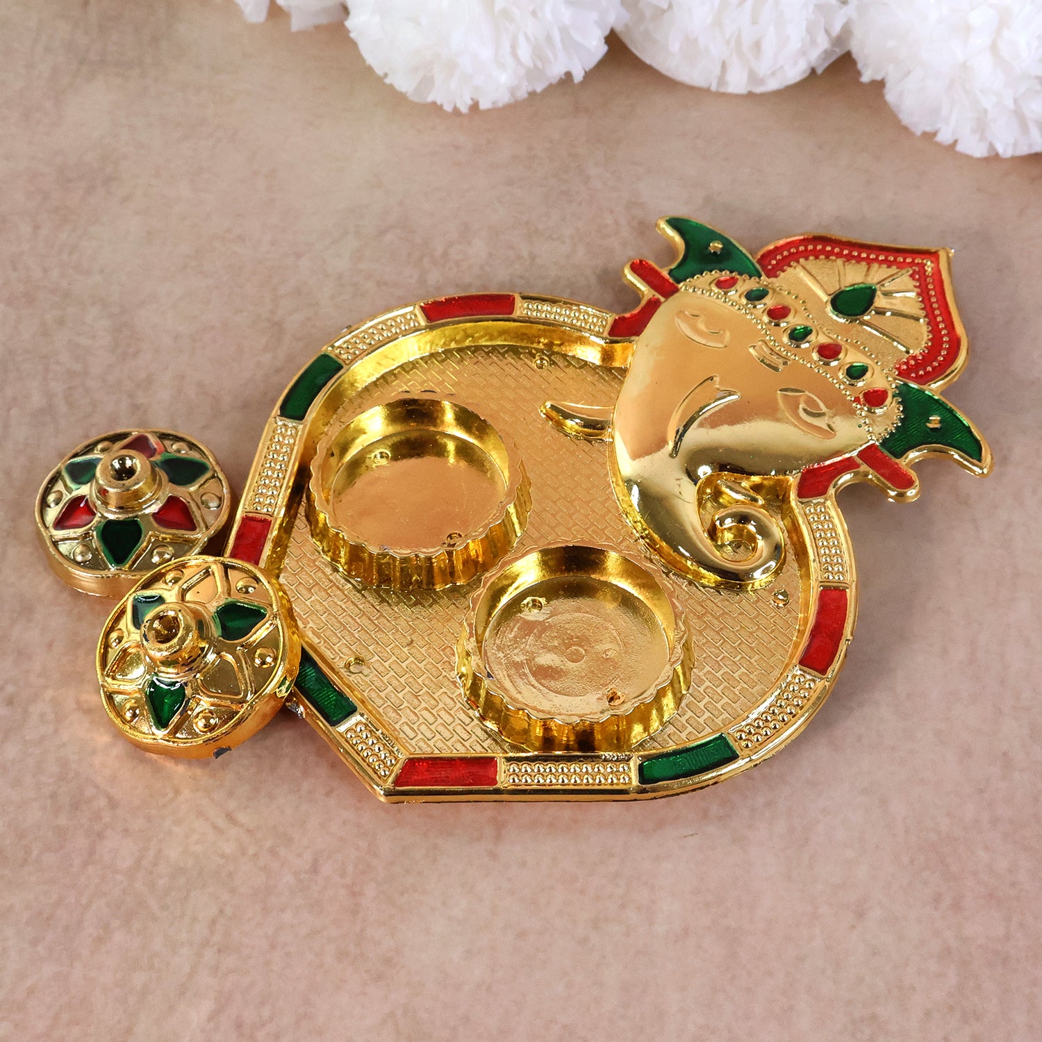 Decorative Ganesh design Kumkum box by Wukusy, perfect for home decor and religious ceremonies, featuring intricate details.