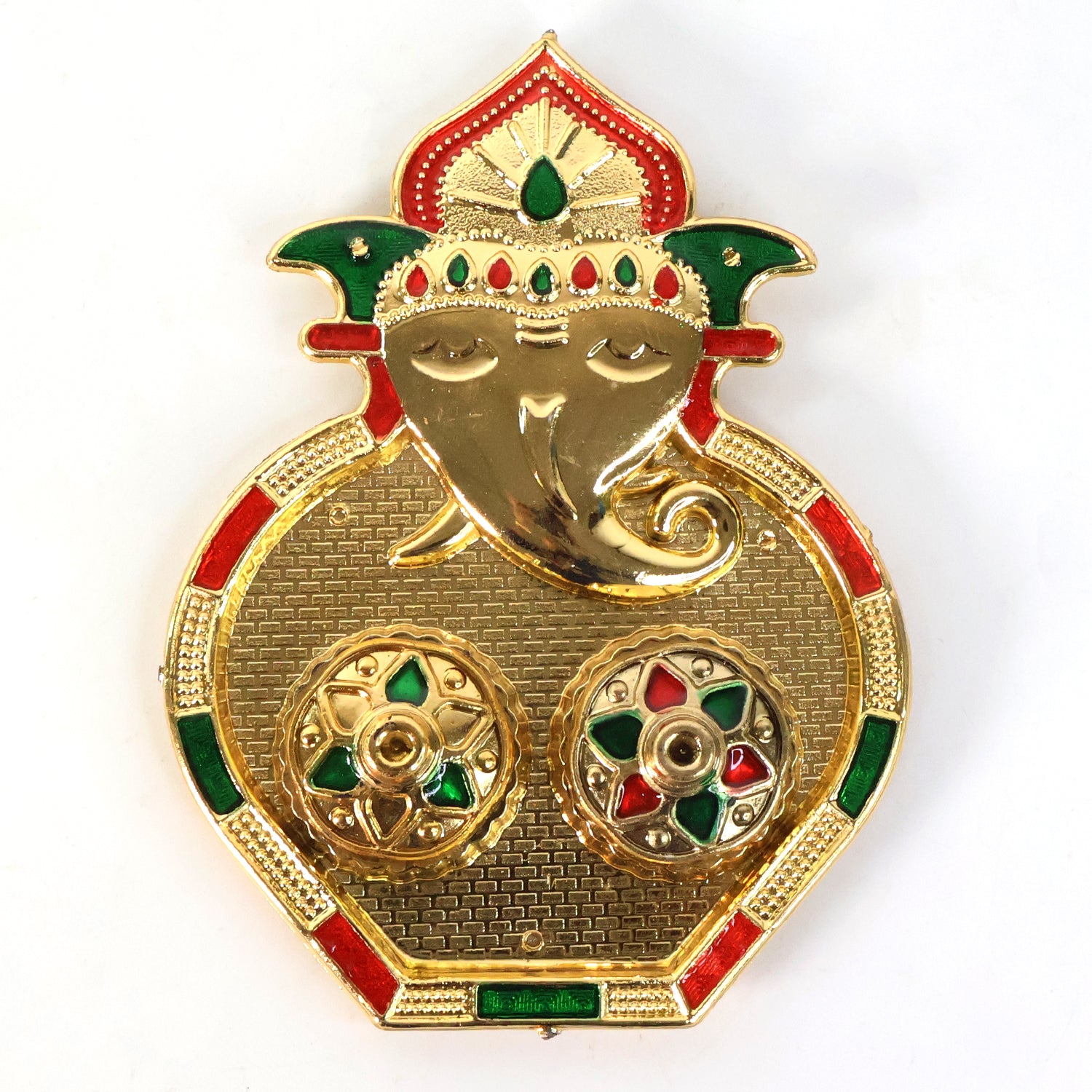 Decorative Ganesh design Kumkum box by Wukusy, featuring intricate patterns, used for storing kumkum in home decor.