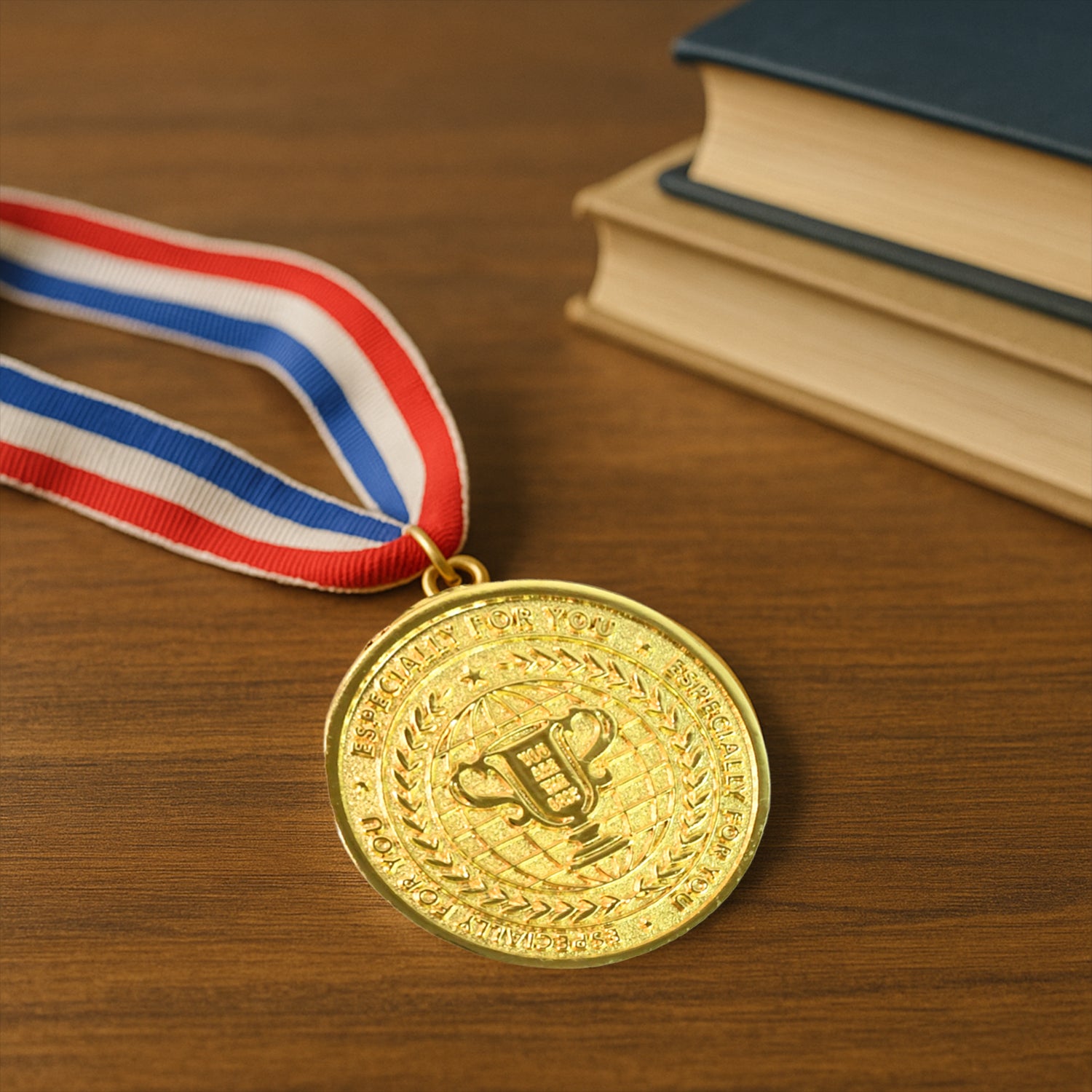 Gold metal medal with tricolor ribbon from Wukusy, suitable for home improvement awards or decorative displays.