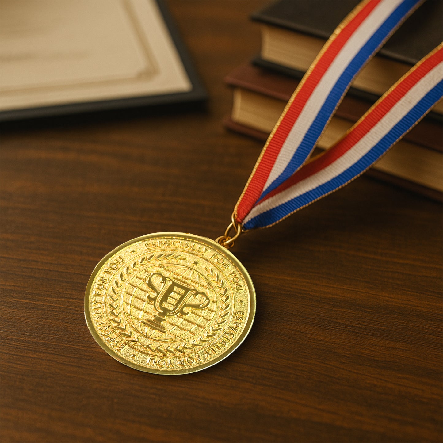 Gold metal medal with tricolor ribbon from Wukusy, suitable for home improvement awards or recognition displays.