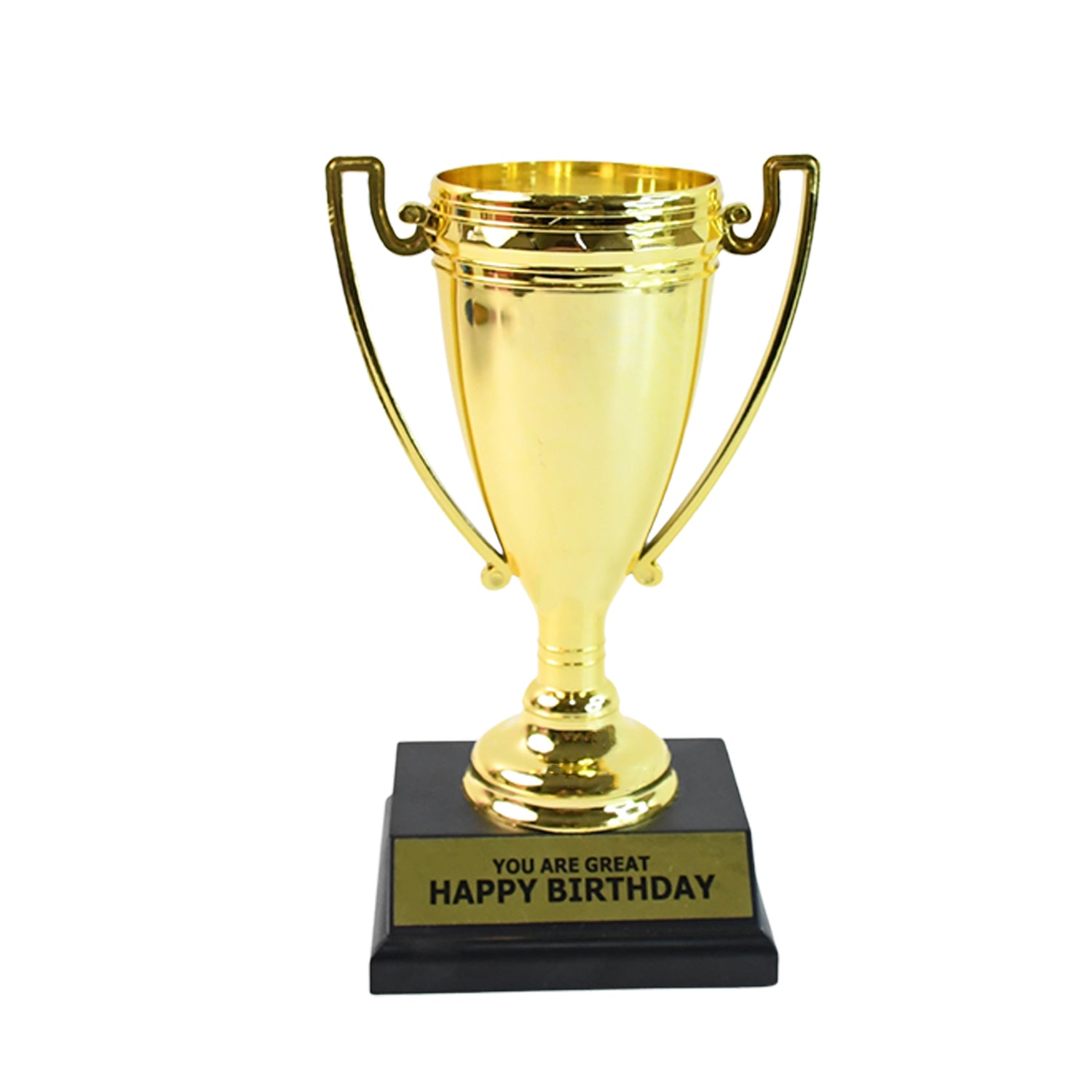 Golden birthday trophy by Wukusy, plastic award with base, featuring "You Are Great" and "Happy Birthday" for celebration decor.