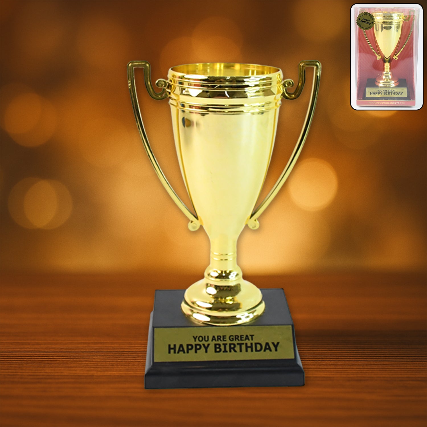 Golden birthday trophy by Wukusy, plastic award with base, engraved "You Are Great," designed for birthday celebration recognition.