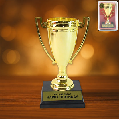 Golden birthday trophy by Wukusy, plastic award with base, engraved "You Are Great," designed for birthday celebration recognition.