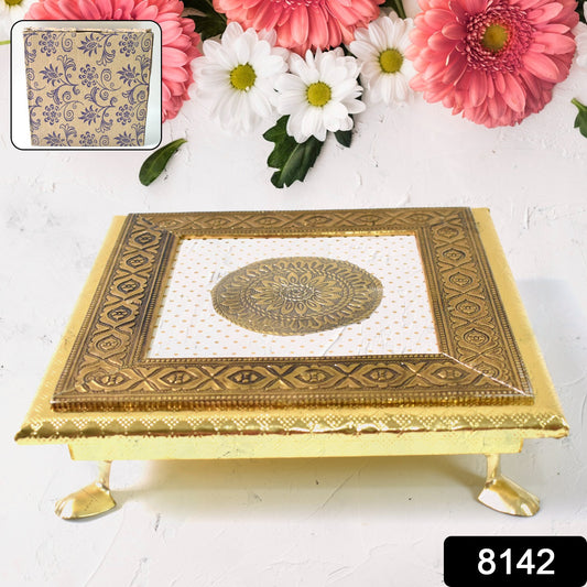 Golden square Pooja Chowki Patla Bajot from Wukusy, 2020 cm, for home improvement, featuring a shiny gold finish and square shape.