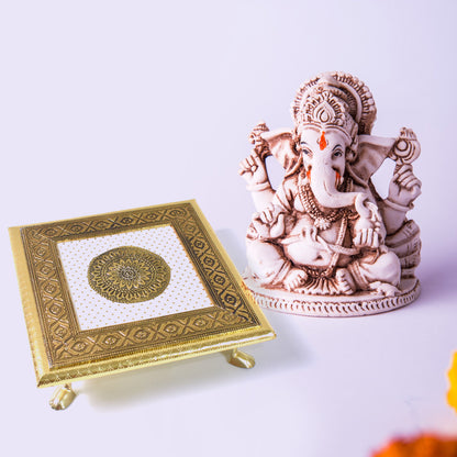 Golden square Pooja Chowki Patla Bajot for home, 2020 cm, by Wukusy, featuring a decorative square design for religious offerings.
