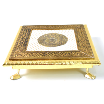 Golden square Pooja Chowki Patla Bajot from Wukusy, 2020 cm, for home improvement, shown in a well-lit indoor setting.