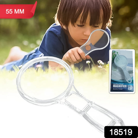 Wukusy handheld plastic magnifying glass, 55 mm lens for home improvement tasks, close-up view of the plastic frame and lens