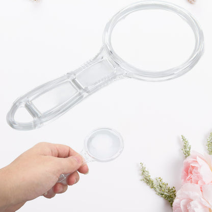 Wukusy handheld plastic magnifying glass, 55mm lens, used for home improvement tasks, with a clear view of the lens and handle.
