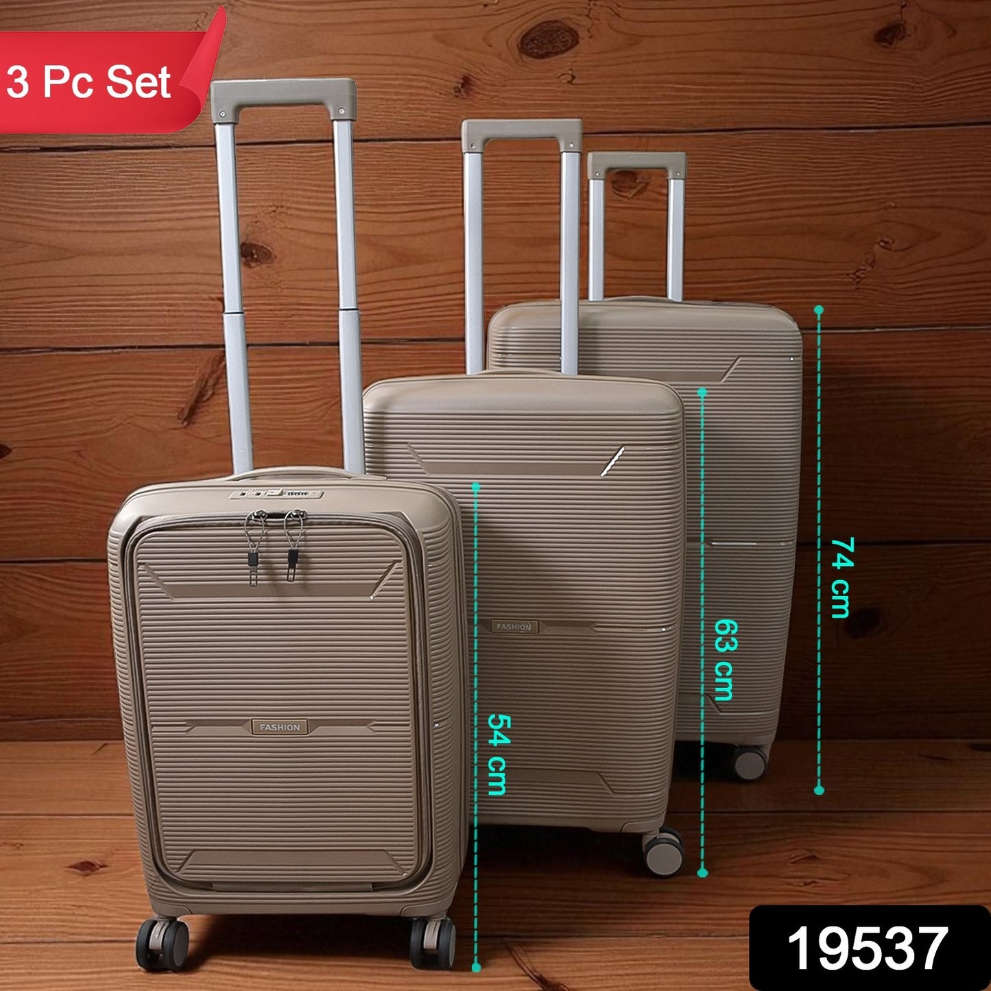 Set of three Wukusy hard-shell trolley luggage bags in mixed colors, durable travel luggage with wheels and handles for easy transport.