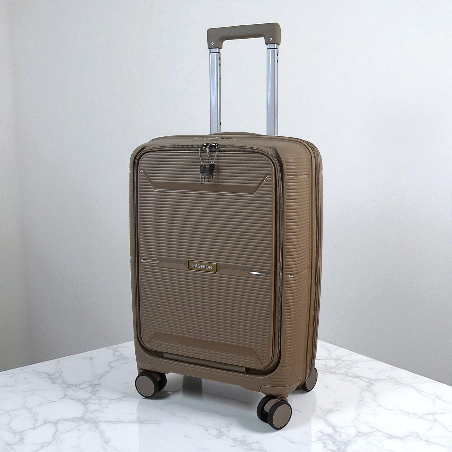 Set of three Wukusy hard-shell trolley luggage bags in mixed colors, durable travel luggage with wheels and handles.
