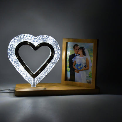 Wukusy heart-shaped crystal LED lamp photo frame night lamp, romantic wedding gift for love couples, home decor lighting.