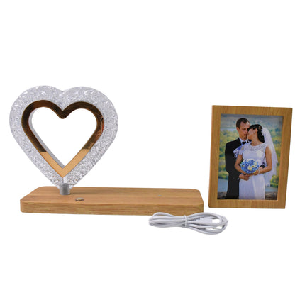 Heart-shaped crystal LED lamp photo frame, romantic night lamp for love couples and wedding gifts by Wukusy.