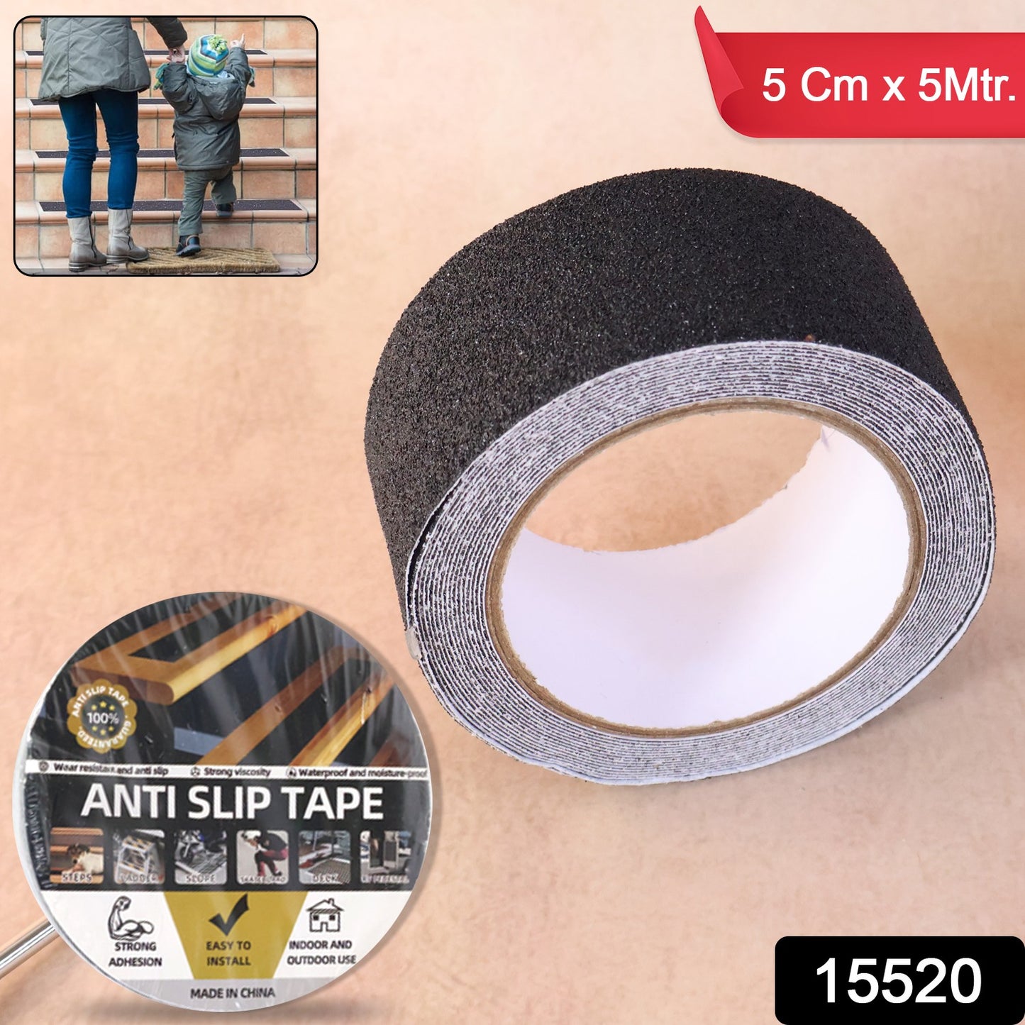 Heavy duty Wukusy anti-slip safety grip tape roll, 5 cm by 5 m, with textured surface for secure grip on stairs and floors.