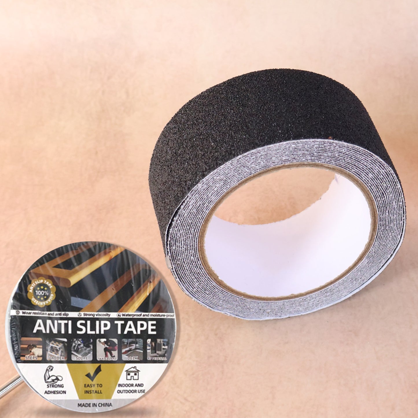 Wukusy heavy-duty anti-slip safety grip tape roll, 5 cm by 5 meters, for improved grip on stairs and flooring in home improvement projects.