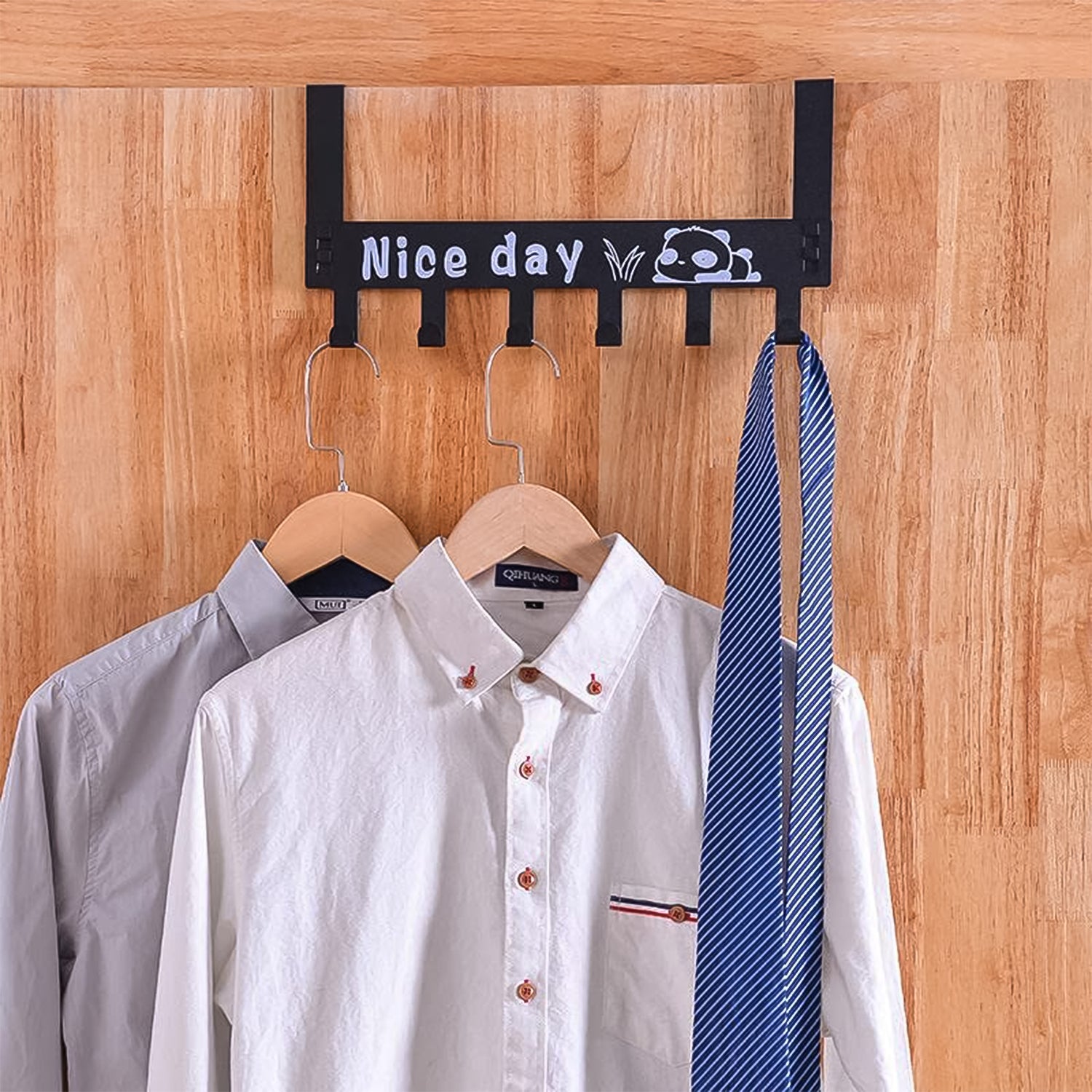 Heavy-duty black carbon steel door hook hanger rack with six hooks, ideal for home improvement storage solutions.