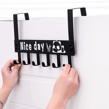 Heavy-duty black carbon steel door hook hanger rack with six hooks, ideal for home organization by Wukusy.